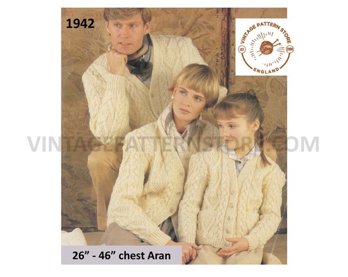 Ladies Womens Mens Boys Girls 90s family V neck cable cabled raglan aran cardigan jacket pdf knitting pattern 26" to 46" Download 1942