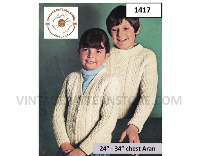 Boys Girls 70s vintage cable cabled crew neck aran raglan sweater jumper & V neck cardigan pdf knitting pattern 24" to 34" Download 1417