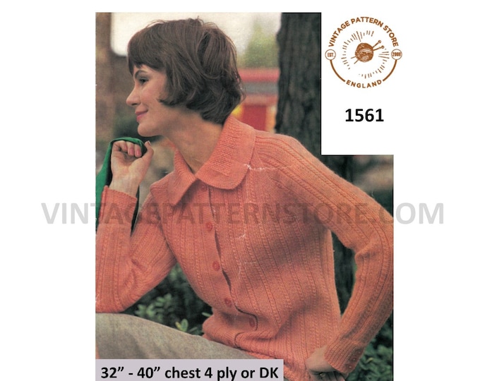 Ladies Womens 60s vintage collared round neck cable and rib 4 ply or DK raglan cardigan pdf knitting pattern 32" to 40" chest Download 1561