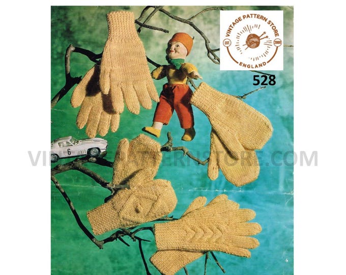 Childrens Boys Girls 80s vintage easy to knit chunky knit gloves & mittens pdf knitting pattern ages 3 to 12 years Instant PDF Download 528