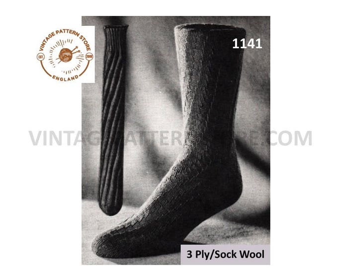 Ladies Mens socks knitting pattern, Ladies mens heel less spiral socks, 50s socks knitting pattern, 3 ply sock patterns - PDF download 1141