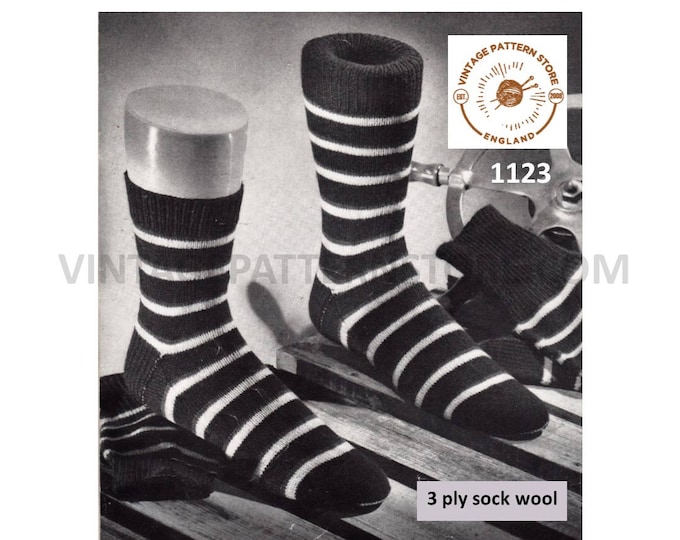 Striped socks knitting pattern, Ladies mens 50s long and short striped socks pattern, 3 ply sock patterns - PDF download 1123