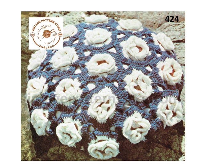70s vintage circular round floral motif puff cushion pdf crochet Pattern one size Instant PDF Download 424