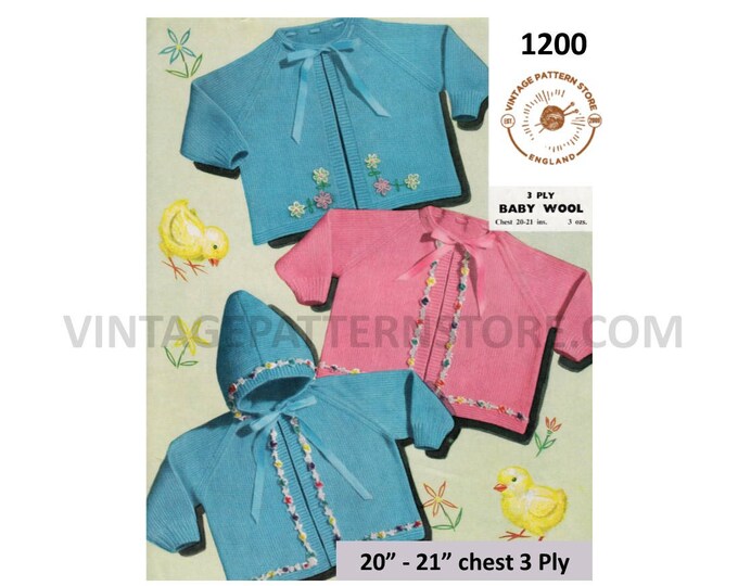 Baby Babies 50s vintage 3 ply embroidered edge raglan matinee coat jacket and hoodie pdf knitting pattern 20" to 21" chest PDF download 1200