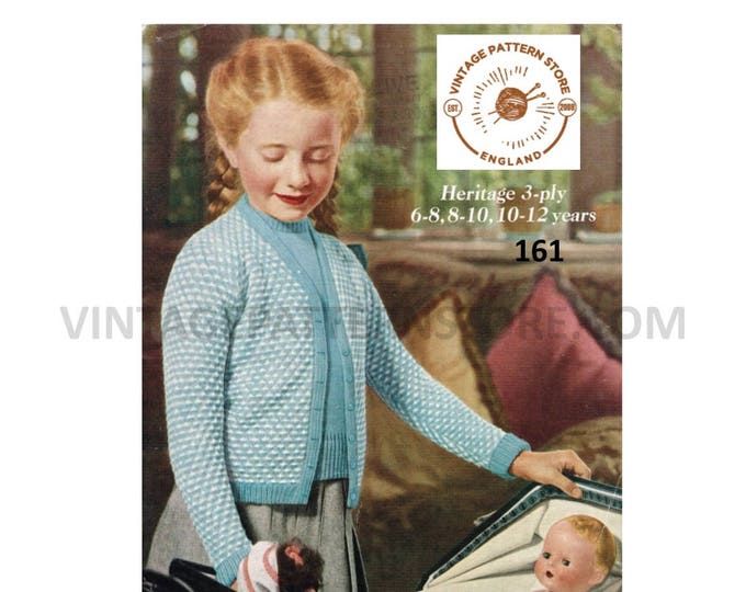 Girls 50s twin set with easy to knit 3 ply round neck raglan sweater & 2 colour V neck cardigan pdf knitting pattern 26" to 30" Download 161