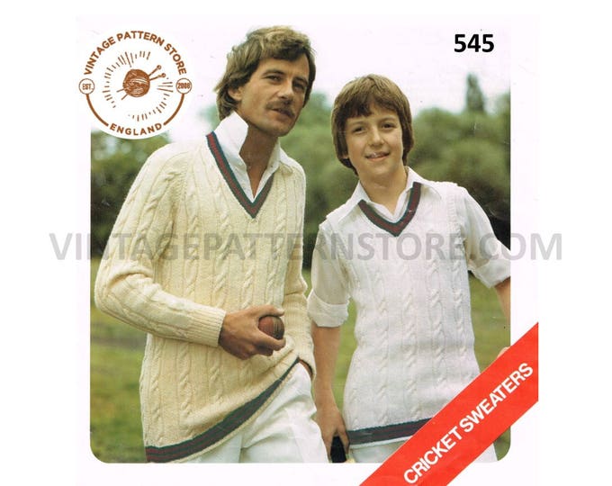 Father Son Mens Mans Boys V neck cable cabled DK jumper sleeveless sweater vest tank top pdf knitting pattern 26" to 48" chest Download 545