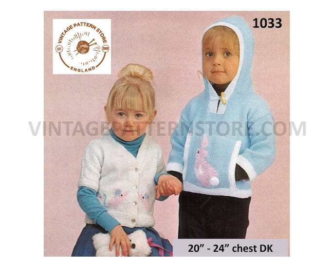 Boys Girls Toddlers 70s vintage DK short sleeve mouse cardigan & rabbit hoodie sweater jumper pdf knitting pattern 20" to 24" Download 1033