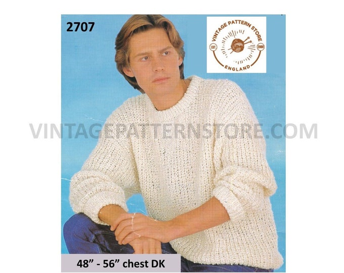 Mens 80s easy to knit crew neck drop shoulder oversized plus size extra large dolman sweater pdf knitting pattern 48" to 56" Download 2707