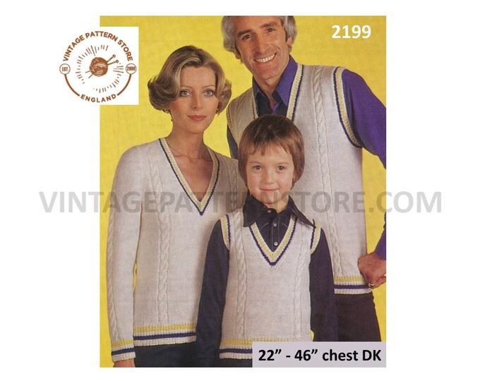 Ladies Womens Mens Boys Girls 70s family DK V neck cable sweater jumper & slipover tank top pdf knitting pattern 22" to 46" Download 2199