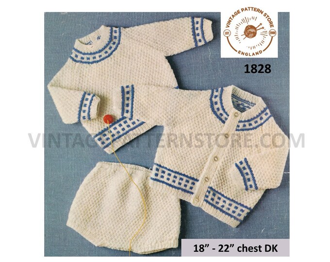 Baby Babies 80s vintage round neck fair isle banded DK cardigan sweater jumper & pilch pdf knitting pattern 18" to 22" PDF Download 1828