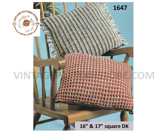 80s vintage fun quick and easy to knit DK square fringed cushion covers pdf knitting pattern 16" and 17" across Instant PDF download 1647