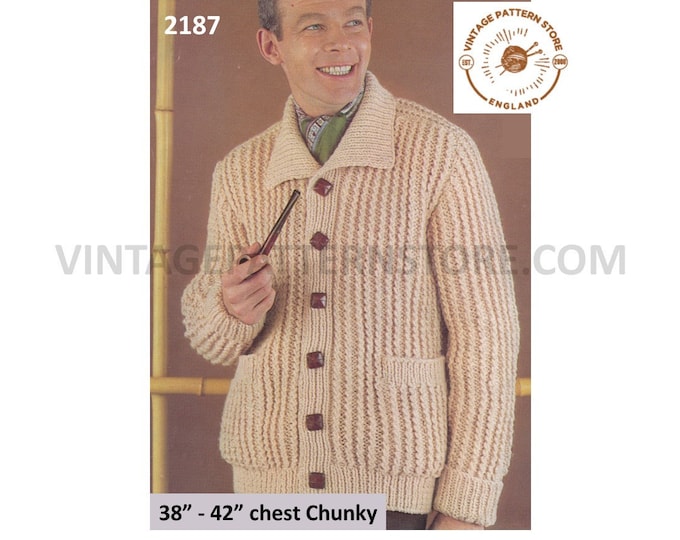 Mens Mans 70s vintage rib ribbed collared chunky knit raglan cardigan jacket pdf knitting pattern 38" to 42" chest Instant PDF download 2187