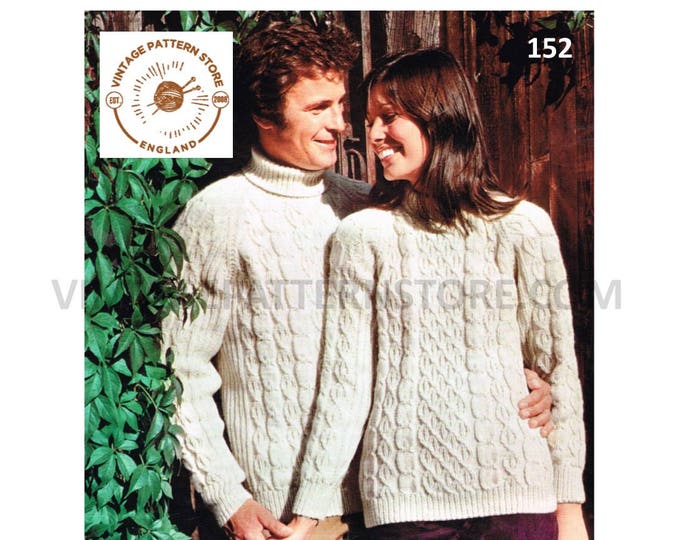 Ladies Womens Mens 80s crew & polo neck cable cabled drop shoulder raglan aran sweater jumper pdf knitting pattern 34" to 44" Download 152