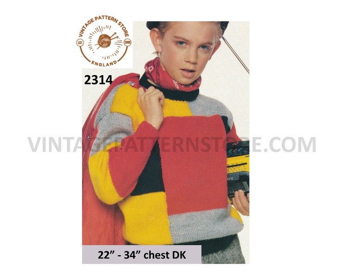Boys Toddlers 90s round neck colour blocked drop shoulder DK dolman sweater jumper pdf knitting pattern 22" to 34" chest PDF download 2314