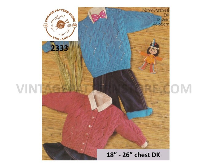 Baby Babies Toddlers Boys Girls 90s DK round neck cable & lace dolman sweater jumper cardigan pdf knitting pattern 18" to 26" Download 2333