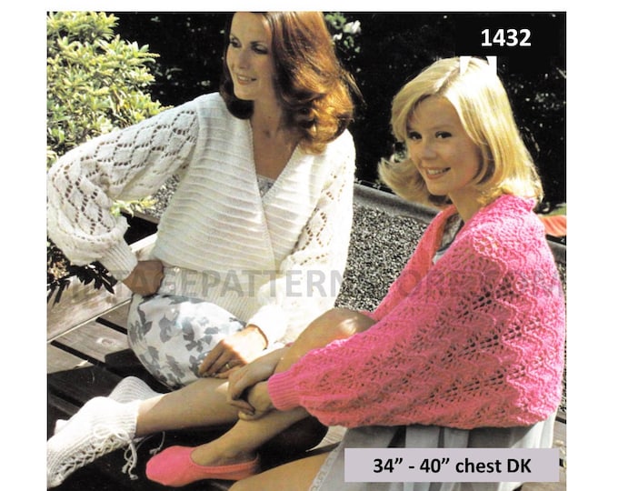 Ladies Womens 70s vintage lacy DK bed jacket cape slippers and bed socks pdf knitting pattern 34" to 40" chest Instant PDF download 1432