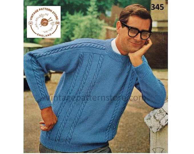 Mens Mans 60s vintage DK crew neck cable cabled raglan sweater jumper pullover pdf knitting pattern 38" to 44" chest Instant download 345