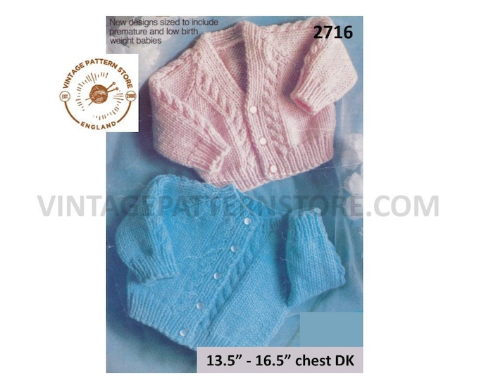 Premature Preemie Baby Babies DK cabled cable edge V or round neck raglan cardigan pdf knitting pattern 13.5" to 16.5" chest Download 2716