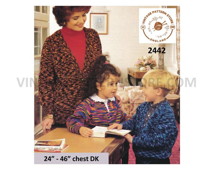 Ladies Womens Mens Boys Girls 90s Family easy to knit DK V or round neck raglan cardigan pdf knitting pattern 24" to 46" chest Download 2442