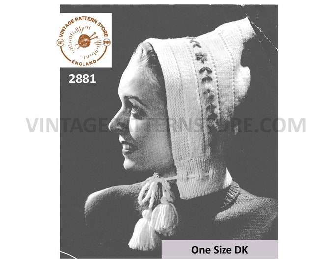 Ladies 30s bonnet knitting pattern, Ladies Womens 1930s parka hood DK bonnet pattern with optional embroidery - One Size - PDF download 2881