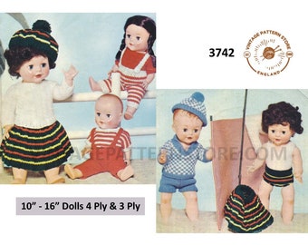 50s vintage 10" 12" 14" 16" 3 & 4 ply dolls clothes sweater kilt cap hat trousers vest T shirt dungarees pdf knitting pattern Download 3742