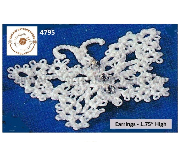 80s vintage tatted lace lacy butterfly earrings jewelry jewellery pdf tatting pattern 1.75" high Instant PDF Download 4795