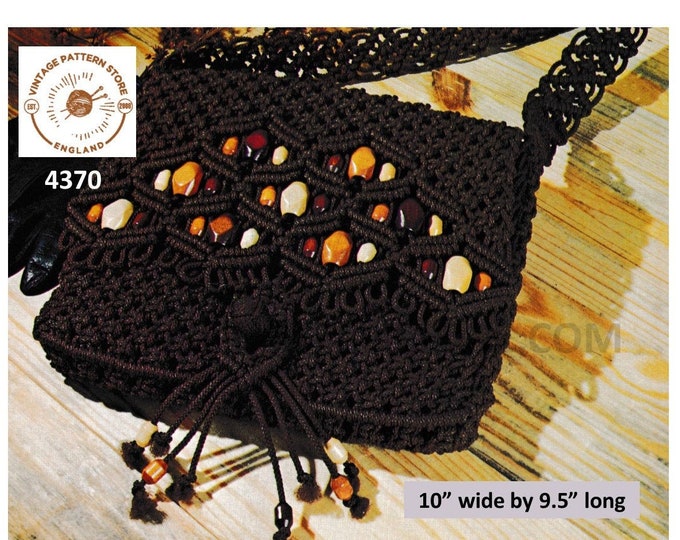 70s vintage beaded bohemian boho macrame hand bag purse pdf macrame pattern 10" by 9" Instant PDF Download 4370