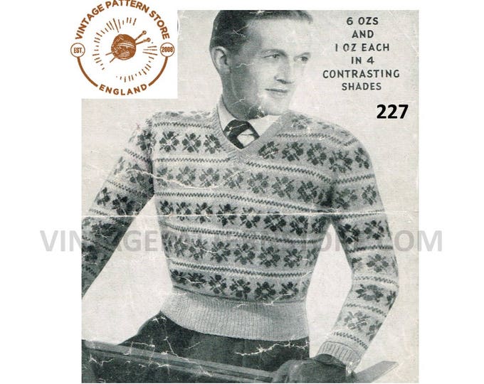 Mens Mans 40s vintage 4 ply V neck fair isle raglan sweater jumper pdf knitting pattern 40" chest Instant PDF download 227