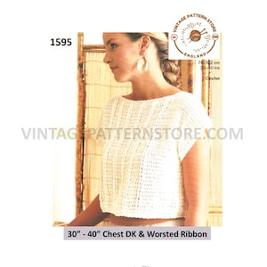 May include: Vintage crochet pattern for a white top with short sleeves. The pattern is for a chest size of 30 to 40 inches and uses DK and worsted weight yarn.