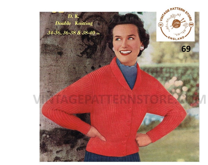 Ladies Womens 50s vintage shawl collar rib ribbed DK dolman cardigan jacket PDF knitting pattern 34" to 40" chest PDF Download 69