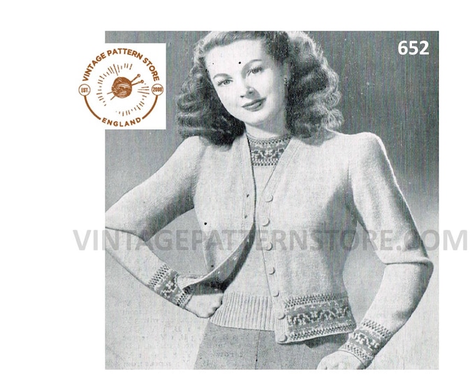 Ladies Womens 40s vintage 3 ply V neck fair isle banded boxy raglan cardigan pdf knitting pattern 39" chest Instant PDF download 652