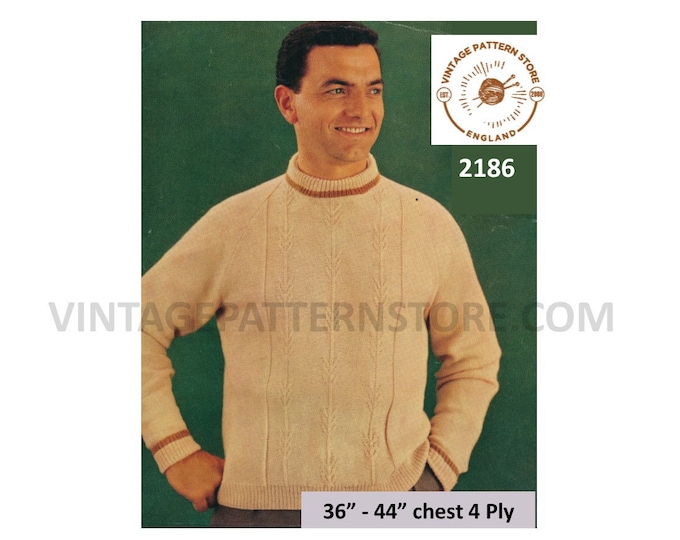 Mens Mans 50s vintage crew neck cable cabled 4 ply raglan sweater jumper pdf knitting pattern 36" to 44" chest Instant PDF download 2186