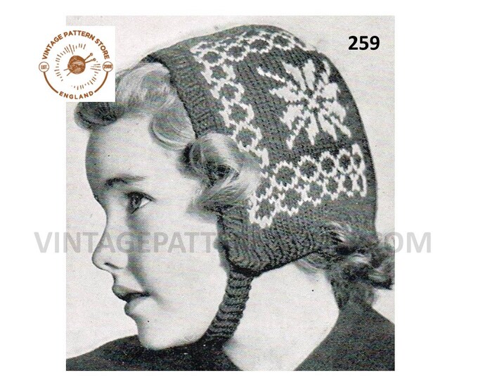 Girls 30s vintage Norwegian Christmas snowflake fair isle chunky knit bonnet pdf knitting pattern Ages 4 to 6 years PDF Download 259