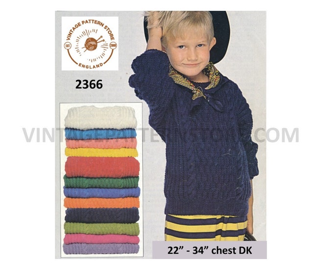 Boys 90s DK round neck cable cabled dolman sweater jumper pdf knitting pattern 22" to 34" chest Instant PDF download 2366