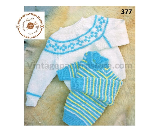 Baby Babies Toddlers 90s fair isle yoke and striped 4 ply raglan sweater jumper pullover pdf knitting pattern 18" to 24" chest Download 377