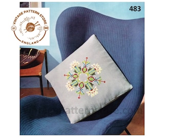 70s vintage floral embroidered square cushion cover pdf embroidery pattern 19" by 19" Instant PDF Download 483