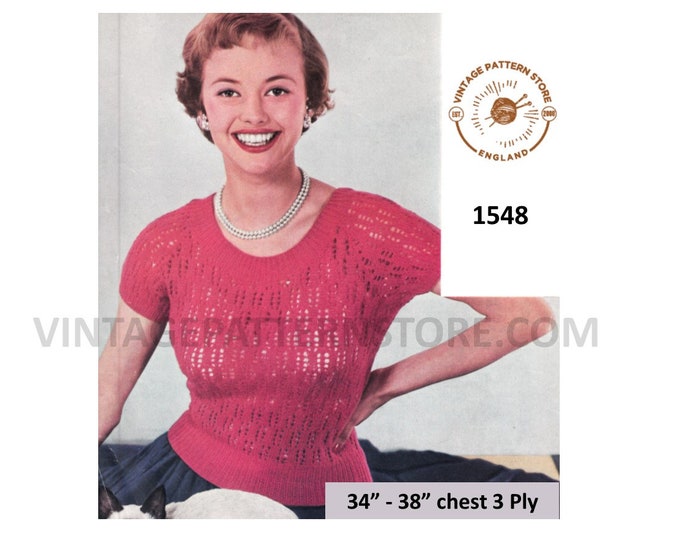 Ladies Womens 50s vintage 3 ply scoop neck short sleeve lacy lace raglan sweater jumper pullover pdf knitting pattern 38" bust Download 1548