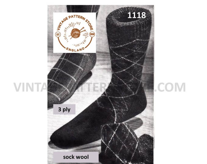 Mens Mans 50s vintage 3 ply Scottish tartan socks pdf knitting pattern with adjustable sizes Instant PDF download 1118