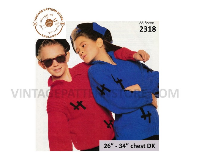 Boys Girls 90s DK V neck collared ribbed saddle shoulder dolman intarsia sweater jumper skirt pdf knitting pattern 26" to 34" Download 2318