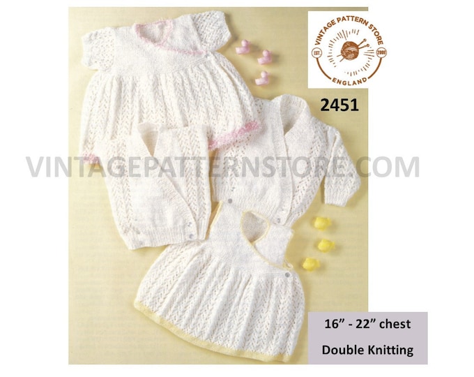 Baby Babies 90s DK V neck lacy crossover raglan cardigan waistcoat & long or sleeveless dress pdf knitting pattern 16" to 22" Download 2451