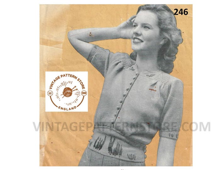 Ladies Womens 30s vintage 3 ply short sleeve round neck embroidered welt sweater jumper blouse pdf knitting pattern 34" to 36" Download 246
