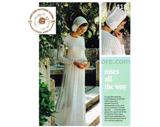 Ladies Womens 70s vintage 4 ply round neck long line raglan wedding dress gown & bonnet pdf knitting pattern 32" to 38" chest Download 418