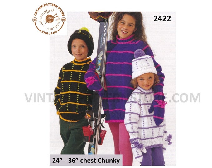 Boys Girls 90s easy to knit striped long line chunky knit sweater jumper mittens and hat pdf knitting pattern 24" to 36" chest download 2422