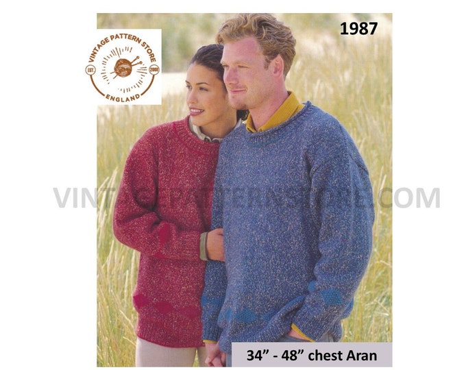 Ladies Womens Mens simple and easy to knit drop shoulder dolman aran sweater jumper pdf knitting pattern 34" to 48" chest PDF download 1987