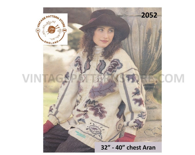 Ladies Womens 90s round neck drop shoulder Intarsia colourwork dolman aran jacket pdf knitting pattern 32" to 40" - PDF download 2052