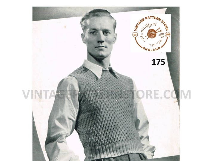 Mens Mans 40s vintage 4 ply round neck cable cabled raglan sweater & sleeveless sweater vest tank top pdf knitting pattern 38" Download 175