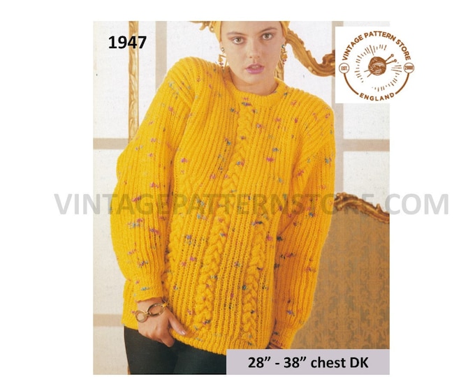Ladies Womens 90s DK crew neck drop shoulder cabled cable and rib ribbed dolman sweater jumper pdf knitting pattern 28" to 38" Download 1947