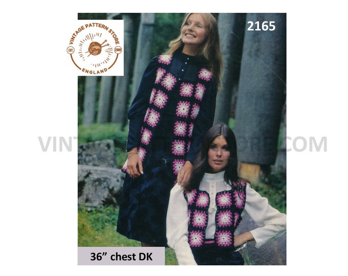 Ladies 60s waistcoat crochet pattern, Ladies Womens long short crochet hippie crochet squares DK waistcoat pattern - 36" - PDF download 2165