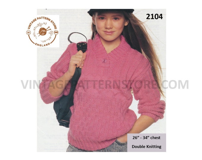 Girls 90s DK V neck texture & diamond panel rib cabled drop shoulder dolman sweater jumper pdf knitting pattern 26" to 34" Download 2104