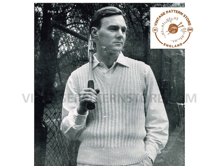 Mans Mens 50s vintage easy to knit V neck ribbed rib sleeveless sweater vest tank top pdf knitting pattern 40" chest PDF download 519
